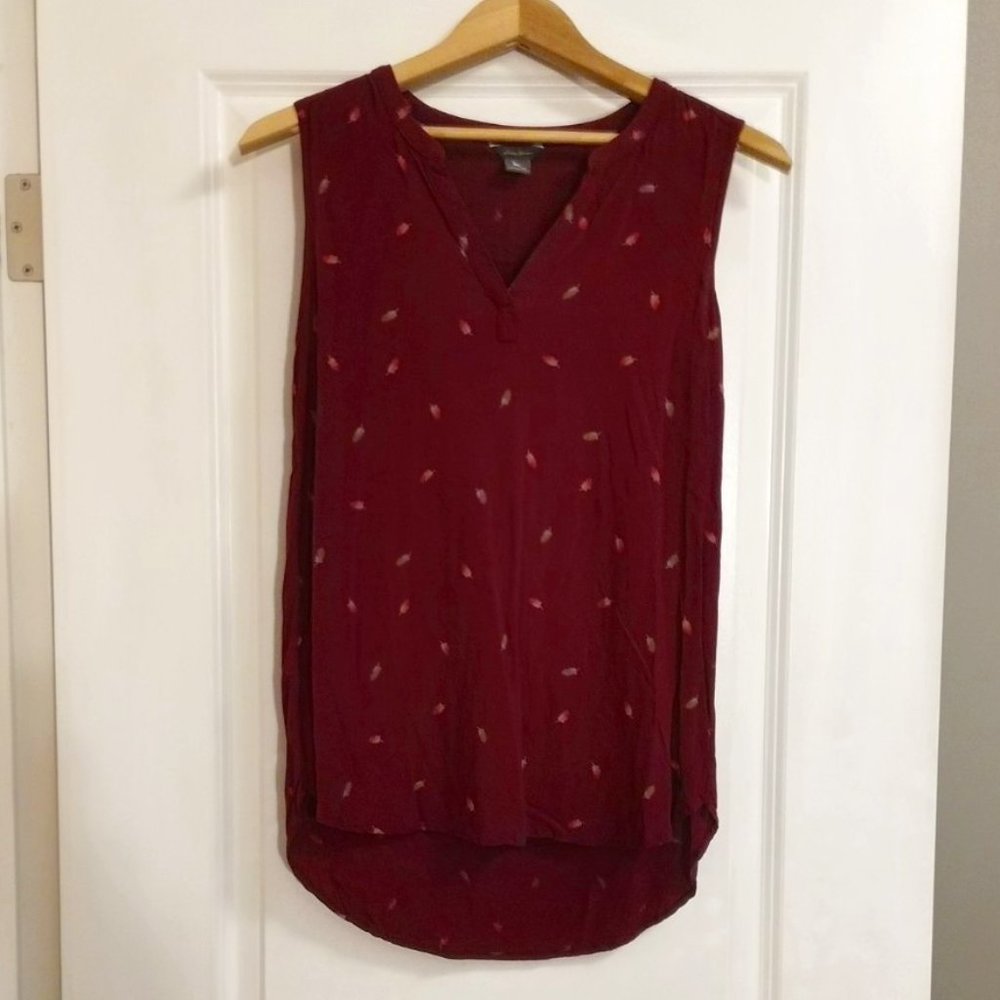 Eddie Bauer Cranberry Red Feather Print Rayon Tunic Tank Top XS